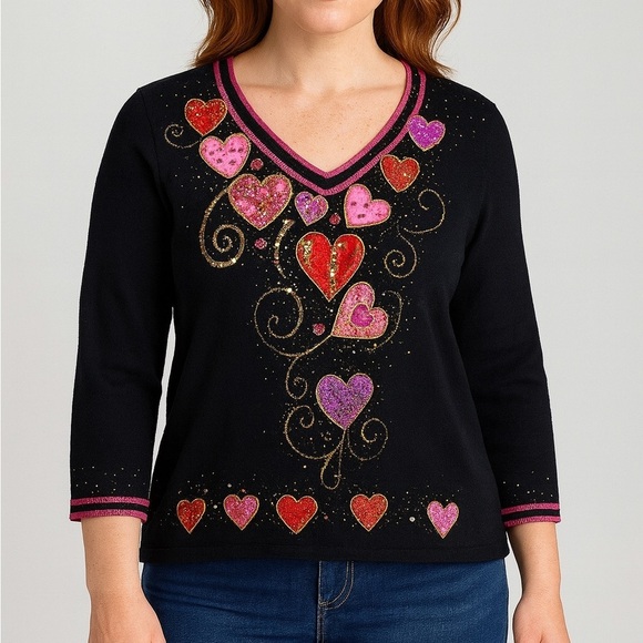 Vintage Tops - Vintage Valentines Day Novelty Embellished Beaded V Neck Top Jack B Quick